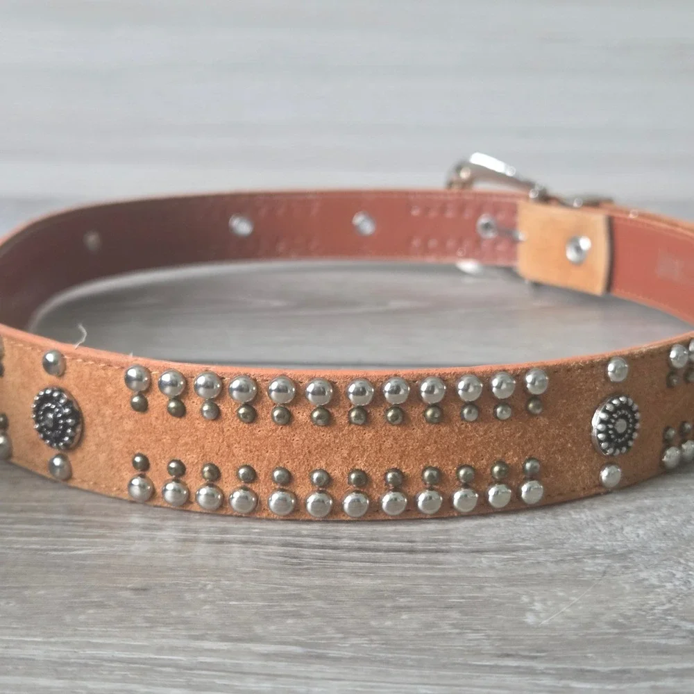 Jana Leather Belt Western Studded Vtg Tan Women Large Brown Silver Gold Concho
